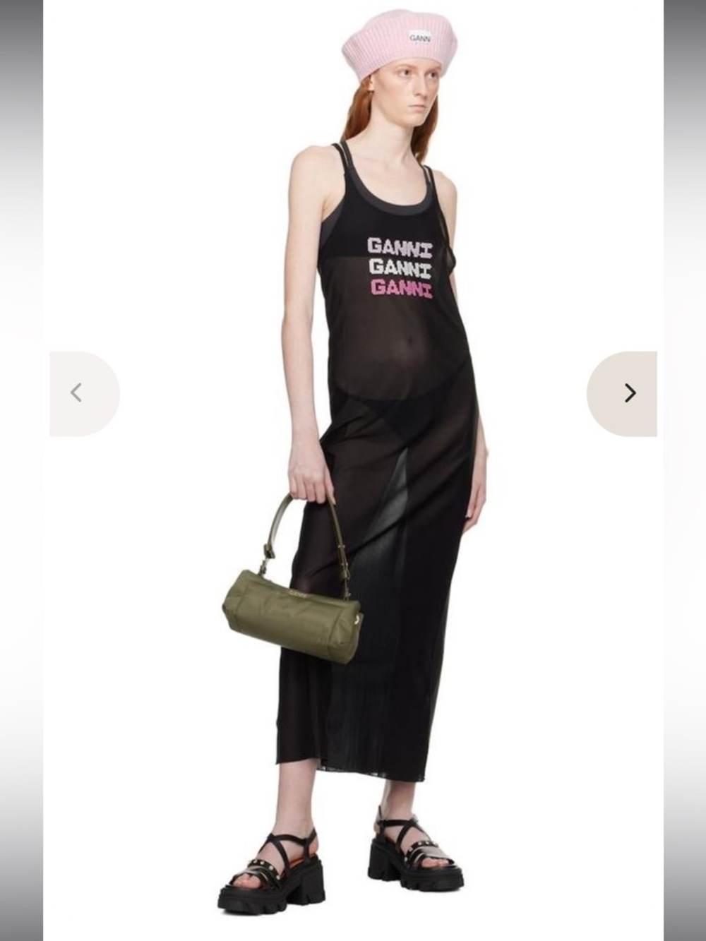 GANNI Black Maxi Mesh Logo Dress with Pink Accent